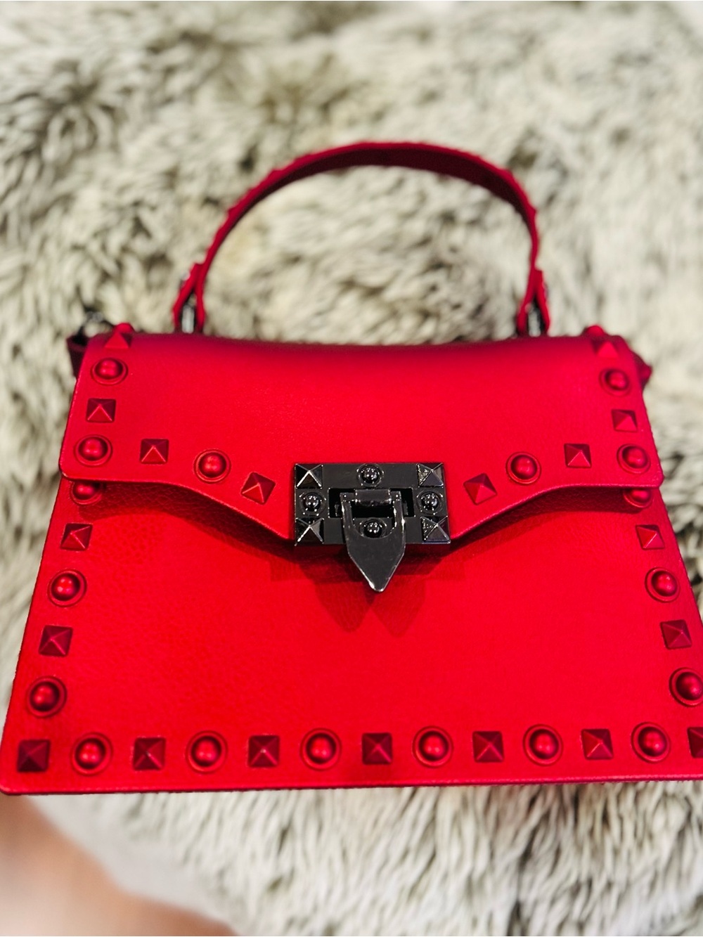 Red Studded Top-Handle Satchel - Women Bags
